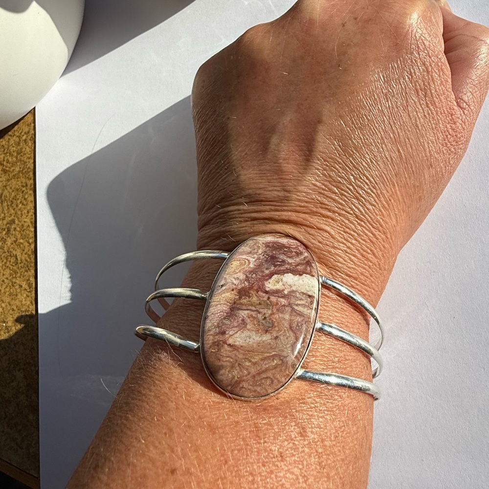 New Sterling Silver Rustic Rose Jasper Adjustable Cuff Bracelet Handmade